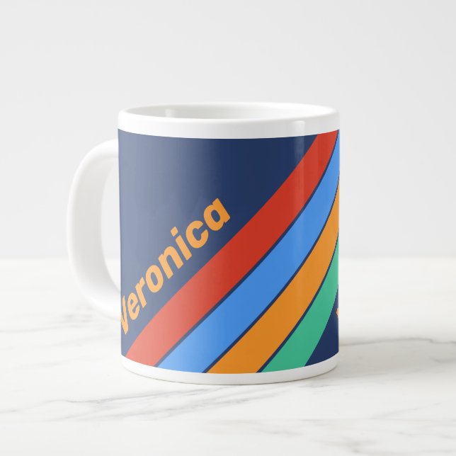 Old School Retro Rainbow Stripes with Name Large Coffee Mug (Front Left)