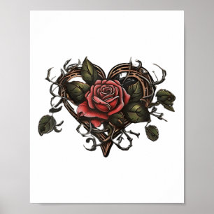 Old School Rose Heart Tattoo Valentines Day Graphi Poster