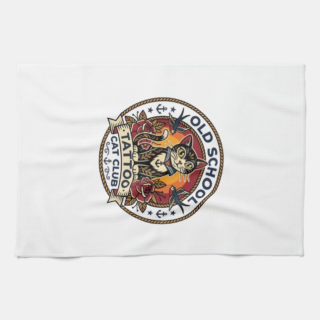 Old School Tattoo Cat Cute Kitty Design - Old Scho Tea Towel (Horizontal)