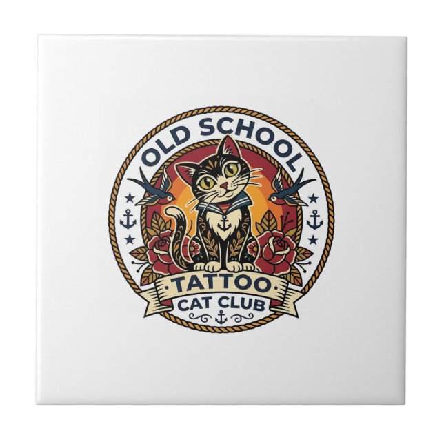 Old School Tattoo Cat Cute Kitty Design - Old Scho Tile (Front)