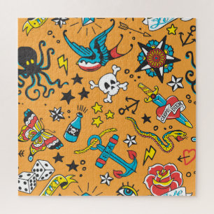 Old School Tattoo: Cute Seamless Jigsaw Puzzle