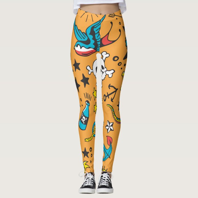 Old School Tattoo: Cute Seamless Leggings (Front)