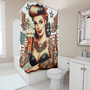 Old School Tattoo Girl Shower Curtain