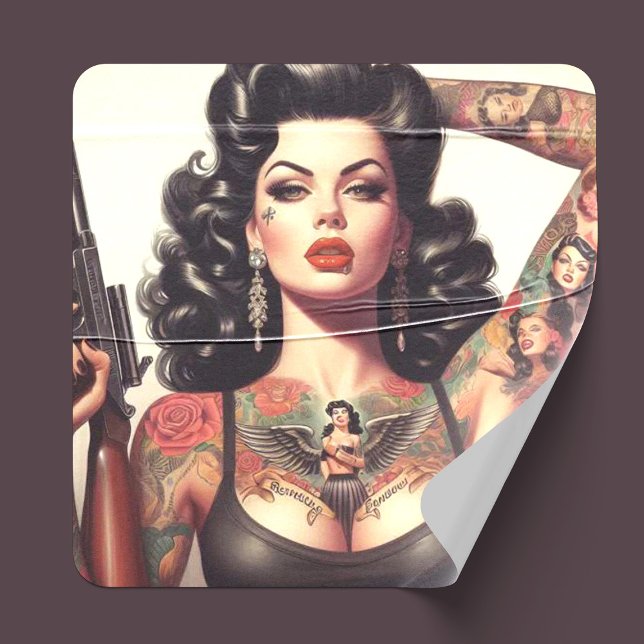 Old School Tattoo Girl Square Sticker (Creator Uploaded)