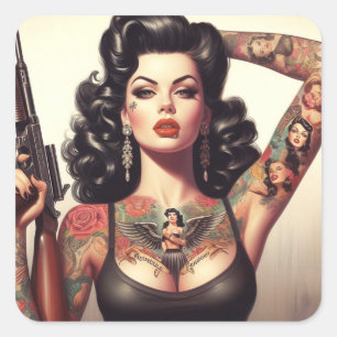 Old School Tattoo Girl Square Sticker