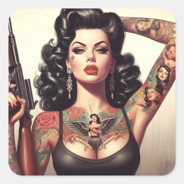 Old School Tattoo Girl Square Sticker (Front)
