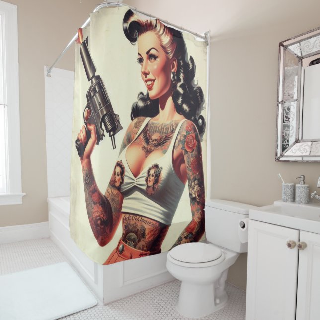Old School Tattoo Hot Girl Shower Curtain (In Situ)