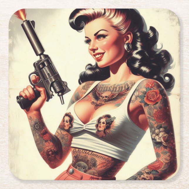 Old School Tattoo Hot Girl Square Paper Coaster (Front)