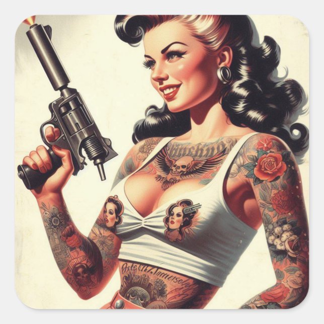 Old School Tattoo Hot Girl Square Sticker (Front)