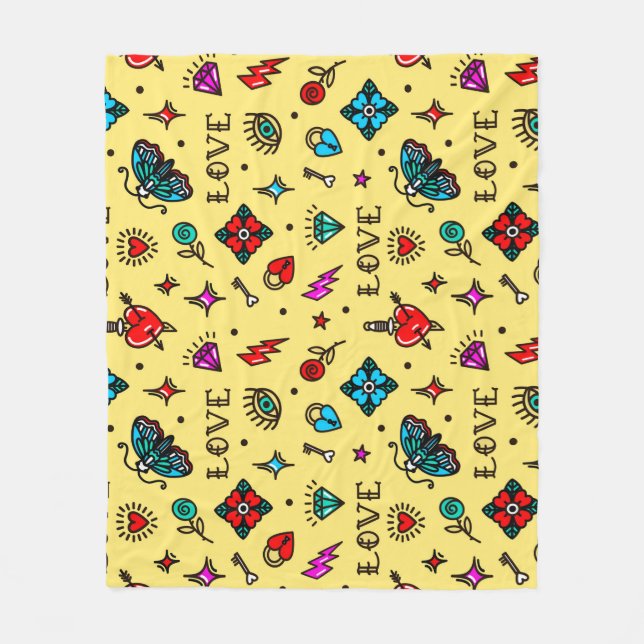 Old School Tattoo Love Pattern Fleece Blanket (Front)