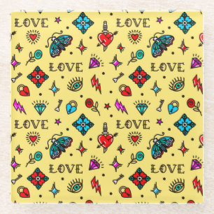 Old School Tattoo Love Pattern Glass Coaster