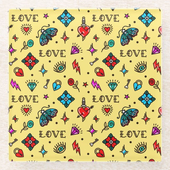 Old School Tattoo Love Pattern Glass Coaster (Front)