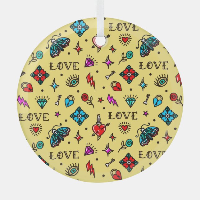 Old School Tattoo Love Pattern Glass Tree Decoration (Front)