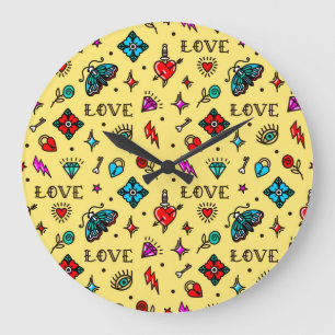 Old School Tattoo Love Pattern Large Clock