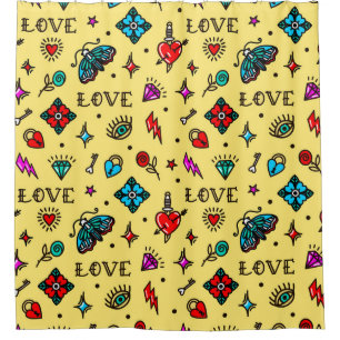 Old School Tattoo Love Pattern Shower Curtain