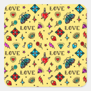 Old School Tattoo Love Pattern Square Sticker