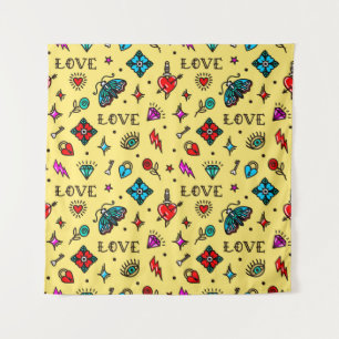 Old School Tattoo Love Pattern Tapestry