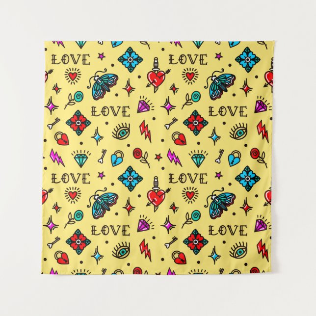 Old School Tattoo Love Pattern Tapestry (Front)