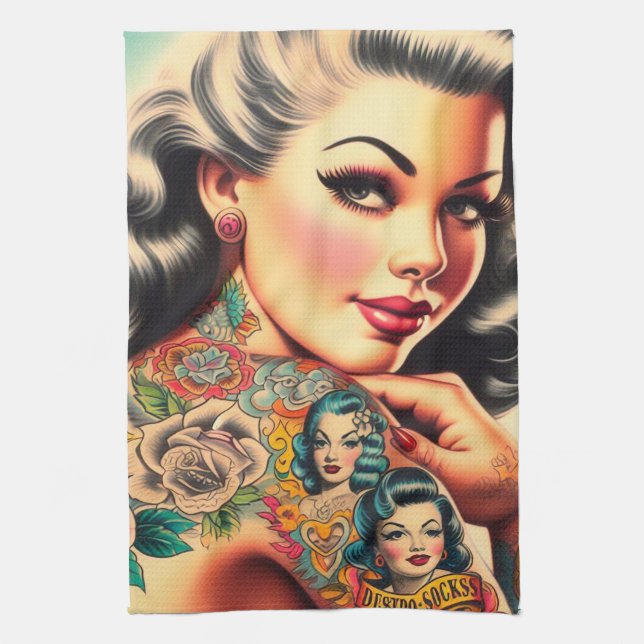 Old School Tattoo Pin-up Tea Towel (Vertical)