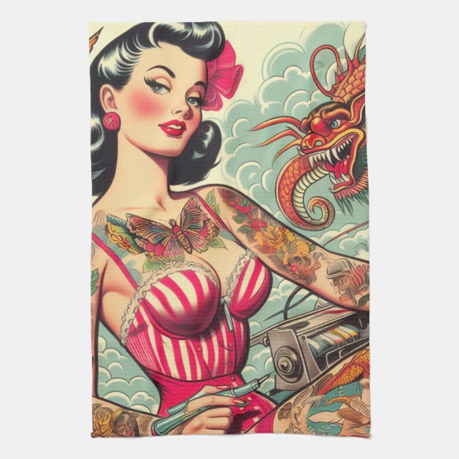 Old School Tattoo Pin-up Tea Towel (Vertical)