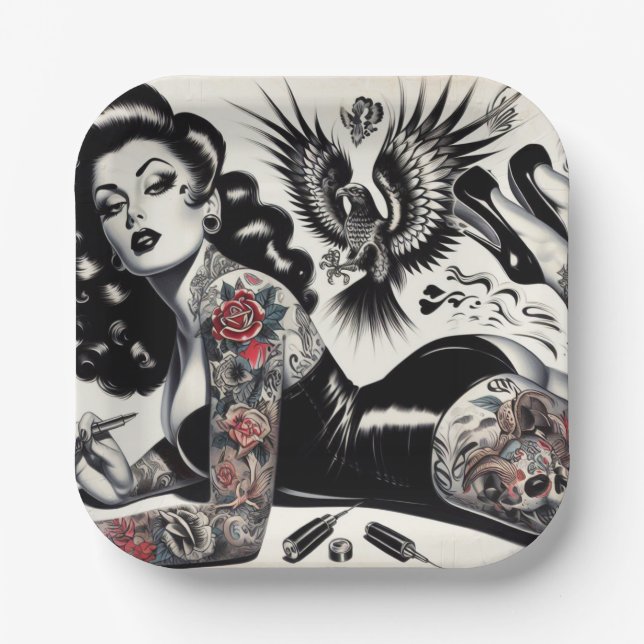 Old School Tattooed Girl Paper Plate (Front)