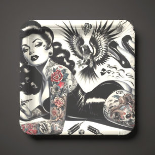 Old School Tattooed Girl Paper Plate