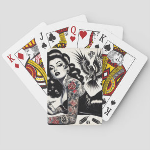 Old School Tattooed Girl Playing Cards