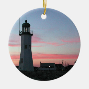 Old Scituate Lighthouse at Twilight Ceramic Tree Decoration