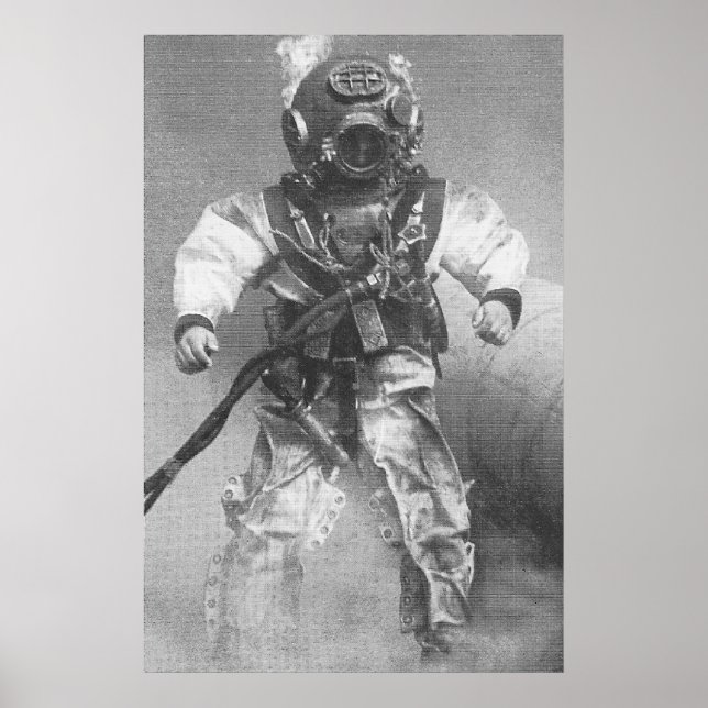 old scuba diver pic black and white poster (Front)