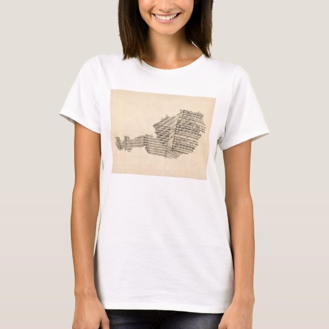 Old Sheet Music Map of Austria Map T-Shirt (Front)