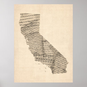 Old Sheet Music Map of California Poster