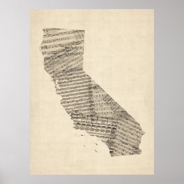 Old Sheet Music Map of California Poster (Front)