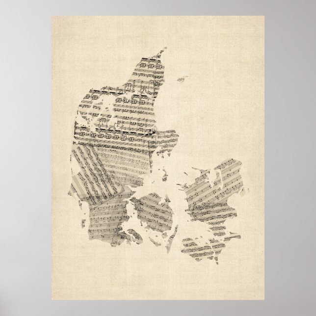 Old Sheet Music Map of Denmark Poster (Front)