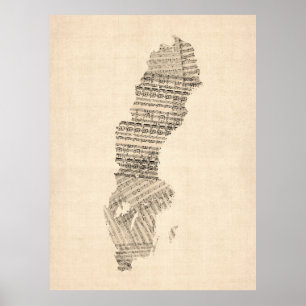 Old Sheet Music Map of Sweden Poster