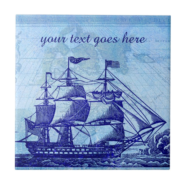 Old Ship and Map Blue Beach House Tile (Front)