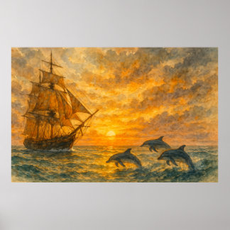 Old Ship Sunset Poster