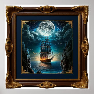 Old Ship Under the Moon Poster