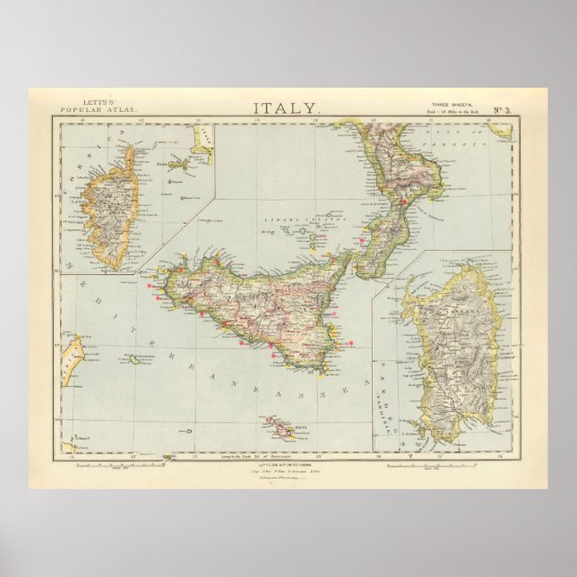 Old Sicily Italy Map (1883)  Poster (Front)