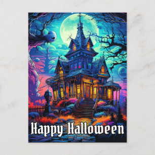Old Spooky Haunted House   Happy Halloween Postcard