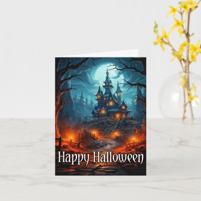 Old Spooky Mansion Happy Halloween Card (Yellow Flower)
