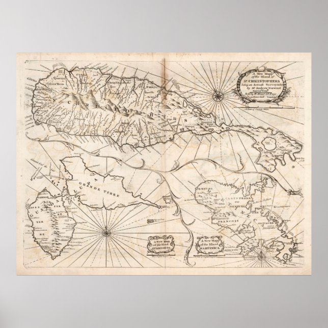 Old St Kitts, Guadeloupe & Martinique Map (1794)  Poster (Front)