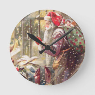 Old St. Nicholas with Gifts in Snow Vintage Clock