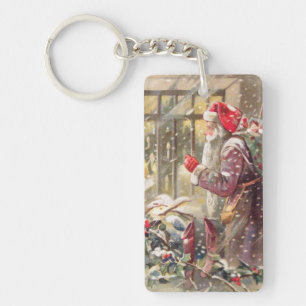 Old St. Nicholas with Gifts in Snow Vintage Key Ring
