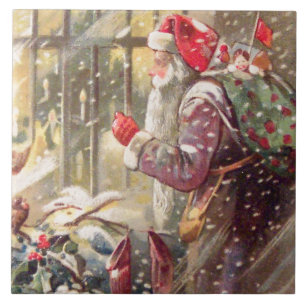 Old St. Nicholas with Gifts in Snow Vintage Tile