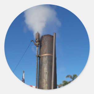old steam whistle with a white plume of steam classic round sticker