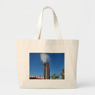 old steam whistle with a white plume of steam large tote bag