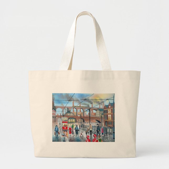 Old Stockport viaduct train oil painting Large Tote Bag (Front)