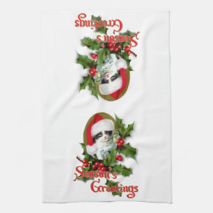 Old Style Christmas Kitten Season's Greetings Tea Towel