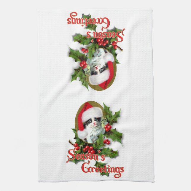 Old Style Christmas Kitten Season's Greetings Tea Towel (Vertical)