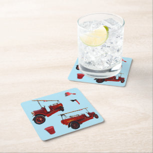 Old Style Fire Fighting Trucks And Ax, Square Paper Coaster